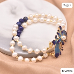 MV2526 - Lắc tay đôi ngọc trai trắng nhấn đá xanh mặt charm hoa sen