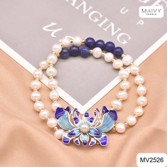 MV2526 - Lắc tay đôi ngọc trai trắng nhấn đá xanh mặt charm hoa sen