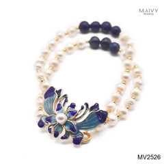 MV2526 - Lắc tay đôi ngọc trai trắng nhấn đá xanh mặt charm hoa sen