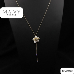 MV2499 - Dây chuyền bạc 925 mạ vàng 18k mặt ngọc trai trắng kết hoa nhụy xanh dương có tua rua
