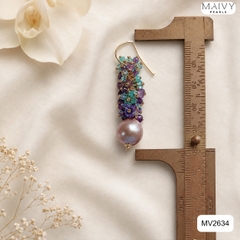 MV2634 - Bông tai trai baroque hồng ánh tím mix đá tự nhiên