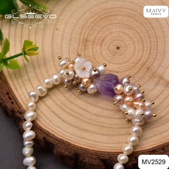 MV2529 - Set ngọc trai trắng mix đá thạch anh tím kết chùm mặt gồm dây chuyền/lắc tay/bông tai