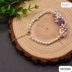 MV2529 - Set ngọc trai trắng mix đá thạch anh tím kết chùm mặt gồm dây chuyền/lắc tay/bông tai