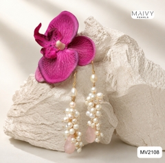 MV2218 - Bông Tai Ngọc Trai Trắng Mix Thạch Anh Hồng Kết Chùm.