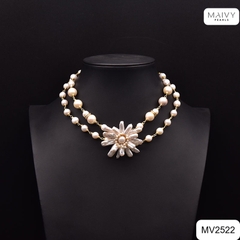 MV2522 - Dây chuyền đôi ngọc trai trắng nhấn mặt ngọc trai baroque hạt dài kết hoa to