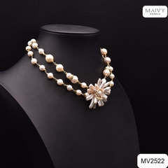 MV2522 - Dây chuyền đôi ngọc trai trắng nhấn mặt ngọc trai baroque hạt dài kết hoa to