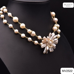 MV2522 - Dây chuyền đôi ngọc trai trắng nhấn mặt ngọc trai baroque hạt dài kết hoa to