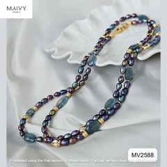 MV2588 - Dây chuyền ngọc trai gạo màu lông công mix đá thạch anh xanh dài 90cm