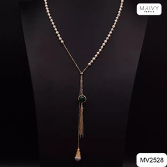 MV2528 - Dây chuyền ngọc trai trắng sz 5-6mm mix bi bạc 925 mạ vàng 18k thả dài nhấn mặt đá xanh