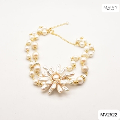 MV2522 - Dây chuyền đôi ngọc trai trắng nhấn mặt ngọc trai baroque hạt dài kết hoa to