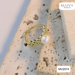 MV2574 - Nhẫn bạc 925 mạ vàng 18k nhấn ngọc trai ngọt màu trắng size 7mm