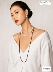 MV2212 -Set Chuỗi Đá Spinel Đen Mix Ngọc Trai Trắng Dáng Dài Và Bông Tai Ngọc Trai