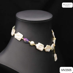 MV2505 - Dây chuyền ngọc trai baroque chữ nhật trắng mix phale có mặt dáng chocker