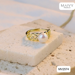 MV2574 - Nhẫn bạc 925 mạ vàng 18k nhấn ngọc trai ngọt màu trắng size 7mm