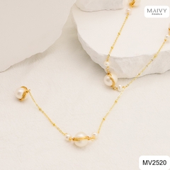 MV2520 - Dây chuyền ngọc trai trắng sz 10-12cm quấn viền cách điệu dáng dài