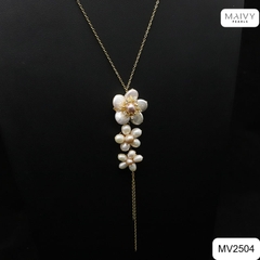 MV2504 - Dây chuyền bạc 925 mạ vàng 18k mặt ngọc trai trắng kết 3 bông hoa 5 cánh thả dài