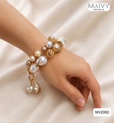 MV2062 - Set Ngọc Trai Baroque Hồng Ánh Tím Gồm Lắc Tay 2 Sợi / Bông Tai
