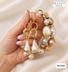 MV2062 - Set Ngọc Trai Baroque Hồng Ánh Tím Gồm Lắc Tay 2 Sợi / Bông Tai