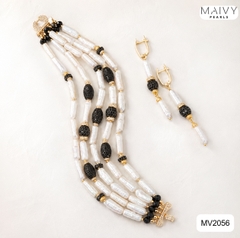MV2056 - Set Lắc Tay 5 Sợi / Bông Tai Ngọc Trai Baroque Dài Trắng mix Đá Đen