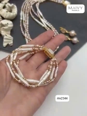 MV2344 -  Set ngọc trai nhiều loại nhiều sợi màu hồng ánh tím gồm dây chuyền/lắc tay/bông tai