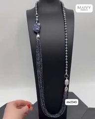 MV2343 -  Dây chuyền ngọc trai tròn màu lông công mix đá nhiều sợi dáng dài có thể tháo dời tạo nhiều kiểu