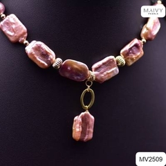 MV2509 - Dây chuyền ngọc trai baroque hình chữ nhật màu hồng ánh tím kèm mặt
