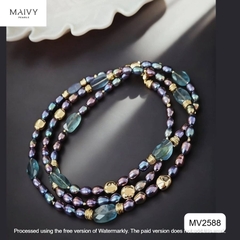 MV2588 - Dây chuyền ngọc trai gạo màu lông công mix đá thạch anh xanh dài 90cm