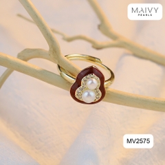 MV2575- Nhẫn mặt lá bồ đề nhấn 2 viên trai trắng sz 5mm