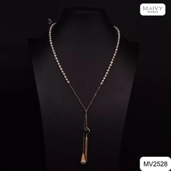 MV2528 - Dây chuyền ngọc trai trắng sz 5-6mm mix bi bạc 925 mạ vàng 18k thả dài nhấn mặt đá xanh