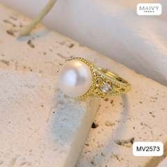 MV2573 - Nhẫn bạc 925 mạ vàng 18k nhấn viên ngọc trai ngọt sz 10mm freesize
