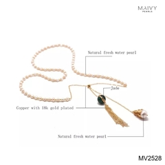 MV2528 - Dây chuyền ngọc trai trắng sz 5-6mm mix bi bạc 925 mạ vàng 18k thả dài nhấn mặt đá xanh