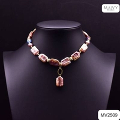 MV2509 - Dây chuyền ngọc trai baroque hình chữ nhật màu hồng ánh tím kèm mặt
