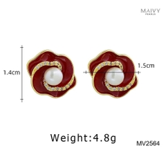 MV2564 - bông tai hoa đỏ nữ tính đính ngọc trai tròn trắng sz 5-6mm