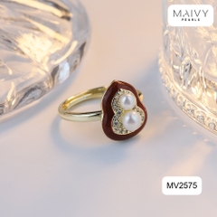MV2575- Nhẫn mặt lá bồ đề nhấn 2 viên trai trắng sz 5mm