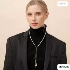 MV2528 - Dây chuyền ngọc trai trắng sz 5-6mm mix bi bạc 925 mạ vàng 18k thả dài nhấn mặt đá xanh