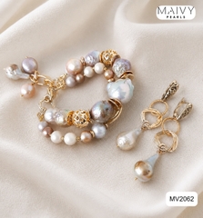 MV2062 - Set Ngọc Trai Baroque Hồng Ánh Tím Gồm Lắc Tay 2 Sợi / Bông Tai