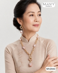 MV2043 - Set Dây Chuyền / Bông Tai Ngọc Trai Baroque Vuông Màu Hồng Ánh Tím Cách Điệu