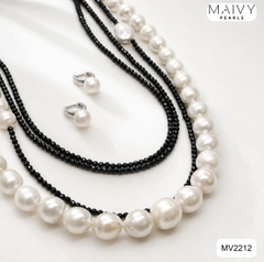 MV2212 -Set Chuỗi Đá Spinel Đen Mix Ngọc Trai Trắng Dáng Dài Và Bông Tai Ngọc Trai
