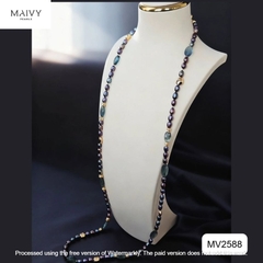 MV2588 - Dây chuyền ngọc trai gạo màu lông công mix đá thạch anh xanh dài 90cm