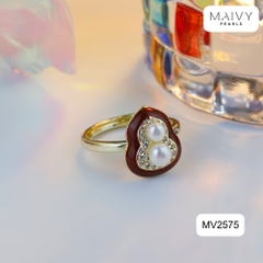 MV2575- Nhẫn mặt lá bồ đề nhấn 2 viên trai trắng sz 5mm