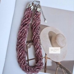 MV2149 - Dây Chuyền Đá Tourmaline Hồng Lấp Lánh 10 Sợi Đan Xéo