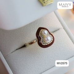MV2575- Nhẫn mặt lá bồ đề nhấn 2 viên trai trắng sz 5mm