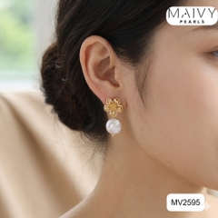 MV2595 - Bông tai ngọc trai cúc áo màu trắng mix đế hoa bạc 925 mạ vàng 18k