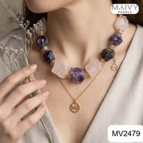 MV2479 - Dây chuyền, Lắc tay đá thạch anh hình khối thô màu hồng mix màu tím