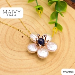 MV2498- Dây chuyền bạc 925 mạ vàng 18k mặt ngọc trai trắng kết hoa nhụy đá xanh dương