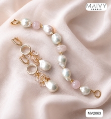 MV2063 - Set Ngọc Trai Baroque Trắng Mix Thạch Anh Hồng Gồm Lắc Tay/Bông Tai