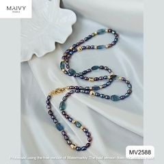 MV2588 - Dây chuyền ngọc trai gạo màu lông công mix đá thạch anh xanh dài 90cm