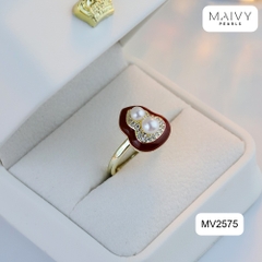 MV2575- Nhẫn mặt lá bồ đề nhấn 2 viên trai trắng sz 5mm