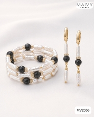 MV2056 - Set Lắc Tay 5 Sợi / Bông Tai Ngọc Trai Baroque Dài Trắng mix Đá Đen