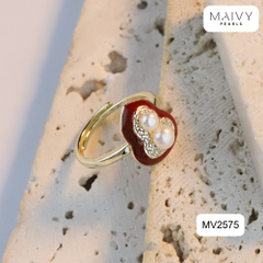 MV2575- Nhẫn mặt lá bồ đề nhấn 2 viên trai trắng sz 5mm